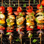 Grilling vegetable and meat skewers